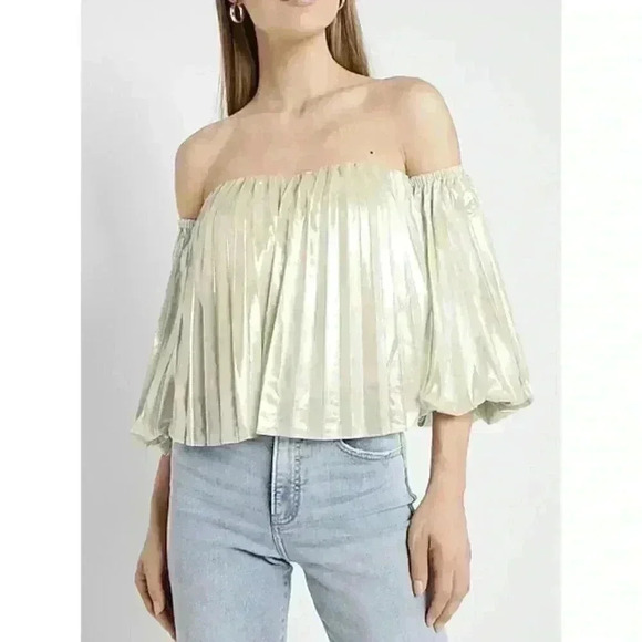Express Metallic Pleated Off The Shoulder Balloon Sleeve Top Size Small - Picture 1 of 8